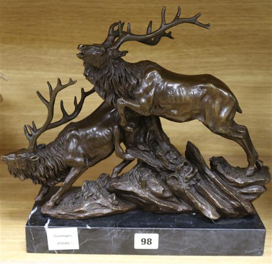 A modern bronze group of two stags, on marble plinth, height 32cm